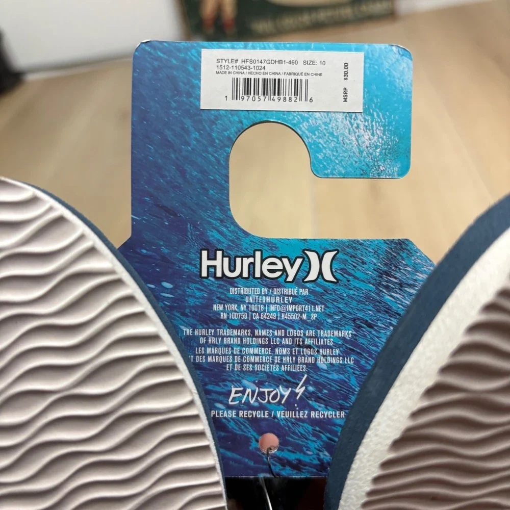 Hurley Mens Flip Flop Sandals Grey Charcoal Thong Summer Beach Shoes Size 10 NWT